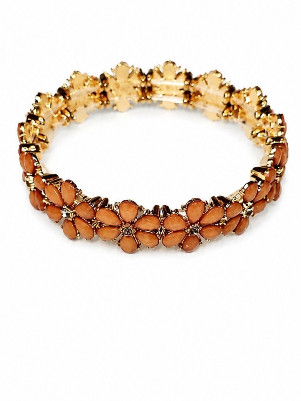 Floral Stretch Bracelet Gold Tone Peach Crystal Daisy Link Bracelet 7"-7.5"